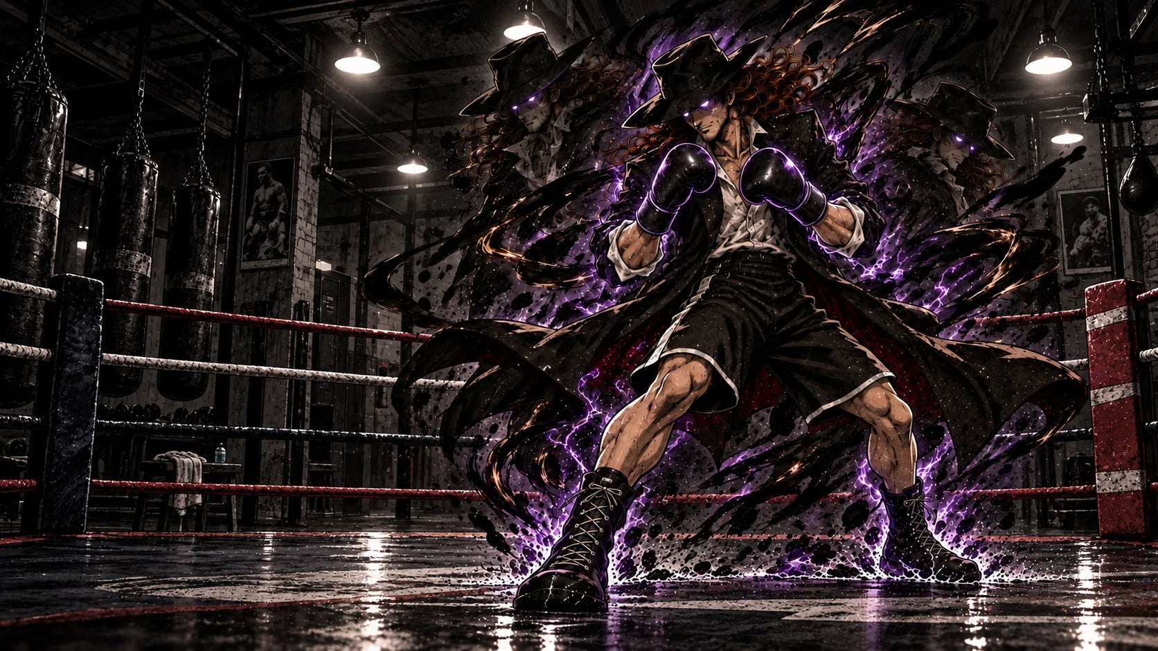El alone in a boxing ring, ready to train with gloves, glowing violet eyes and shadow echoes
