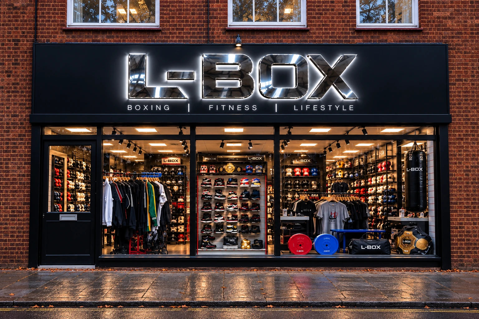 Concept rendering of an L-Box storefront with chrome signage, boxing equipment displays, brick frontage and stone pavement
