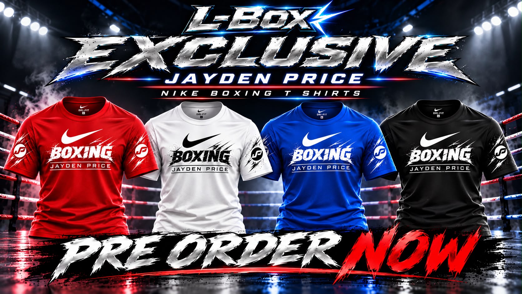 L-Box Exclusive Jayden Price Nike boxing T-shirts in red, white, blue and black
